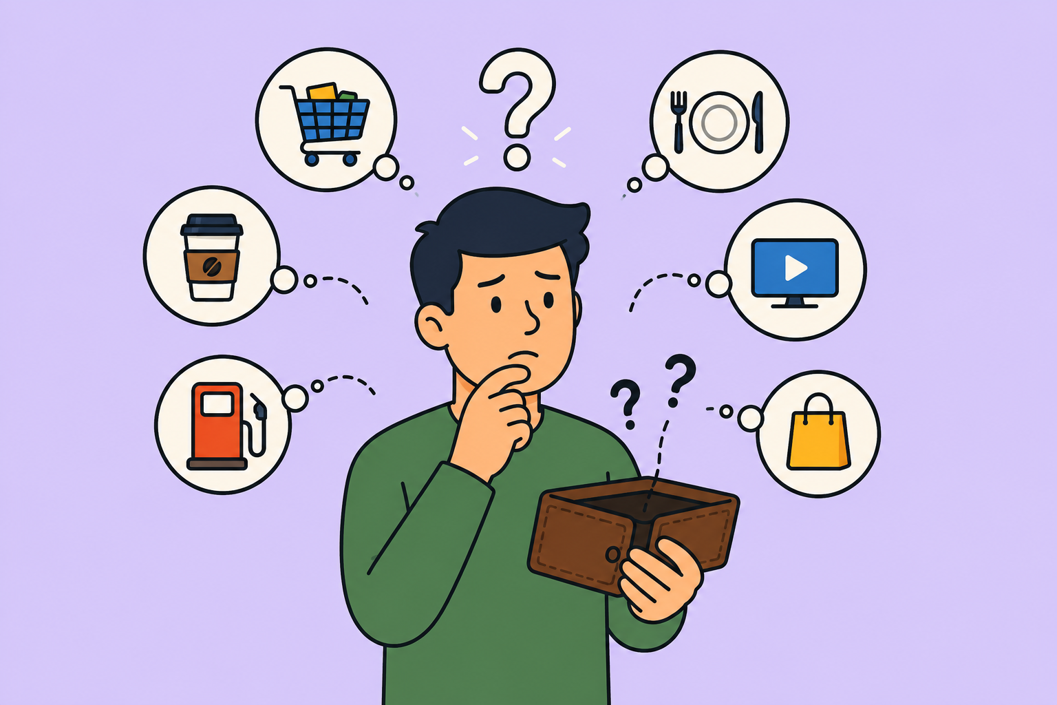 Illustration showing hidden everyday expenses and uncertainty about monthly spending