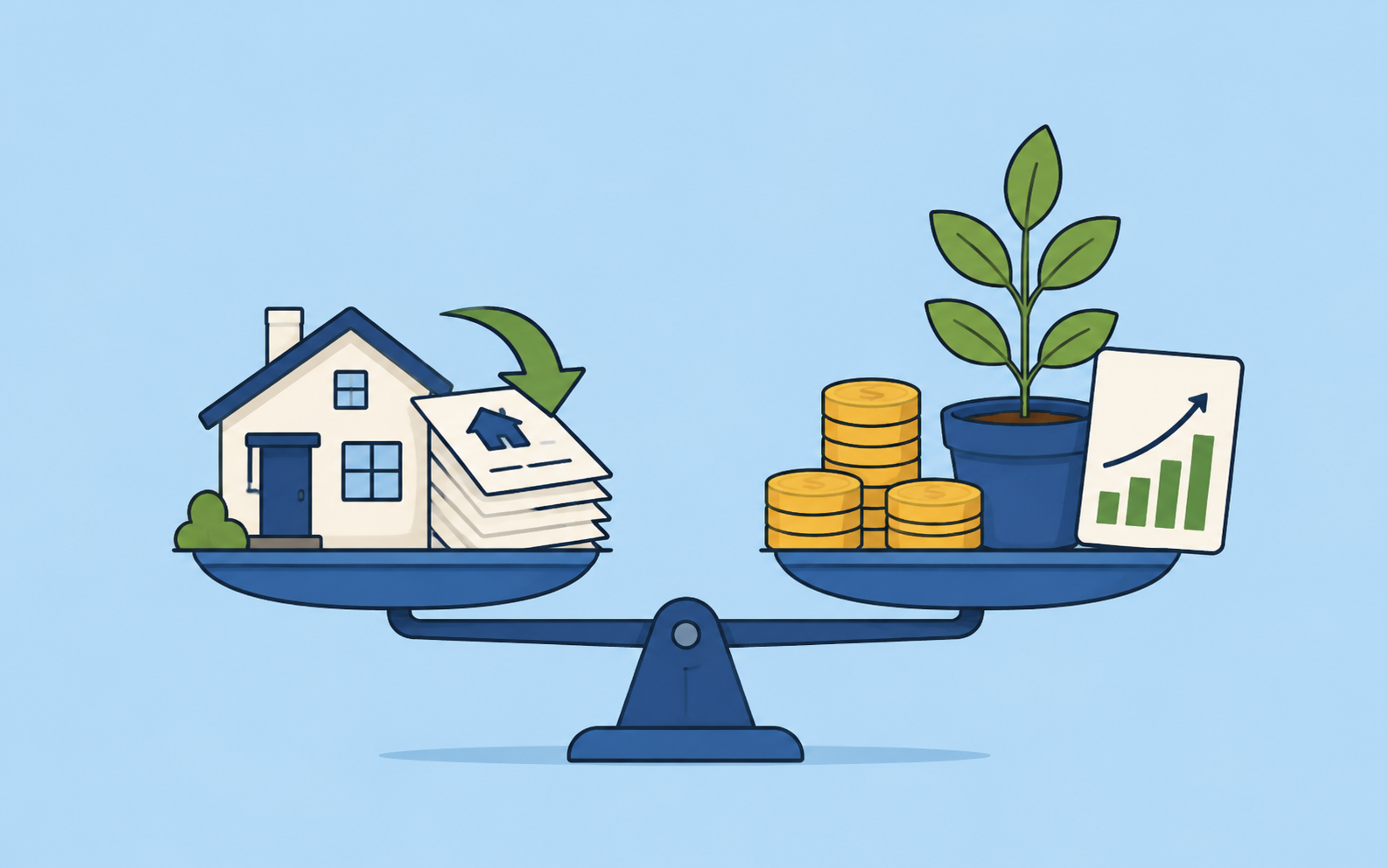 A balanced scale comparing a home mortgage with coins and a growing investment.