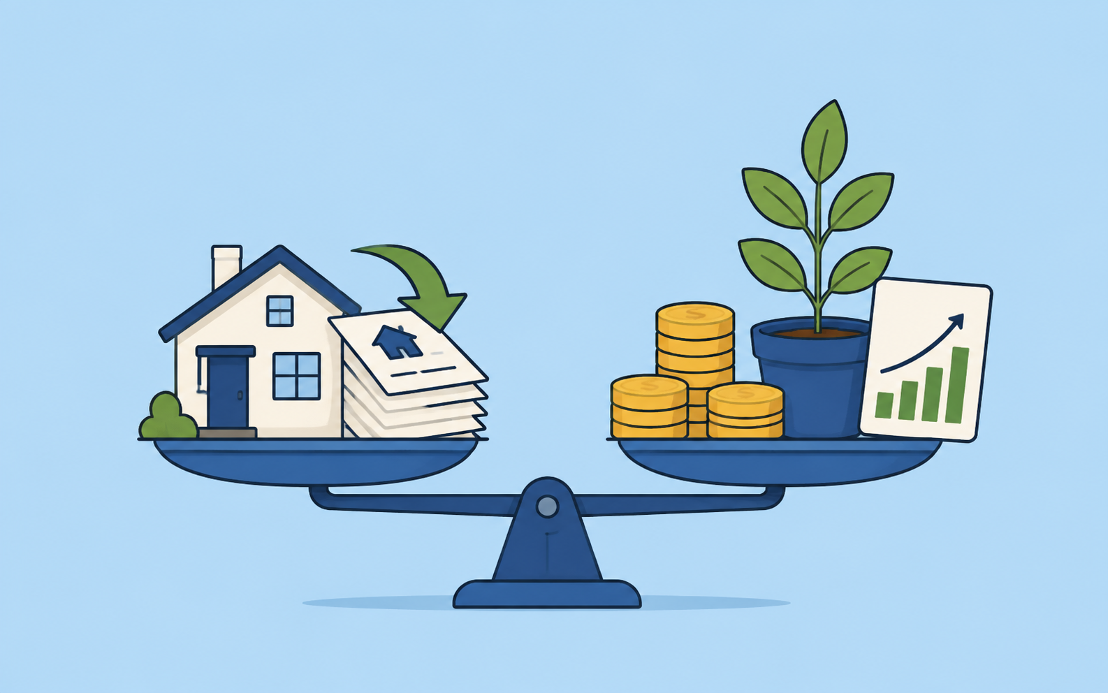 A balanced scale comparing a home mortgage with coins and a growing investment.
