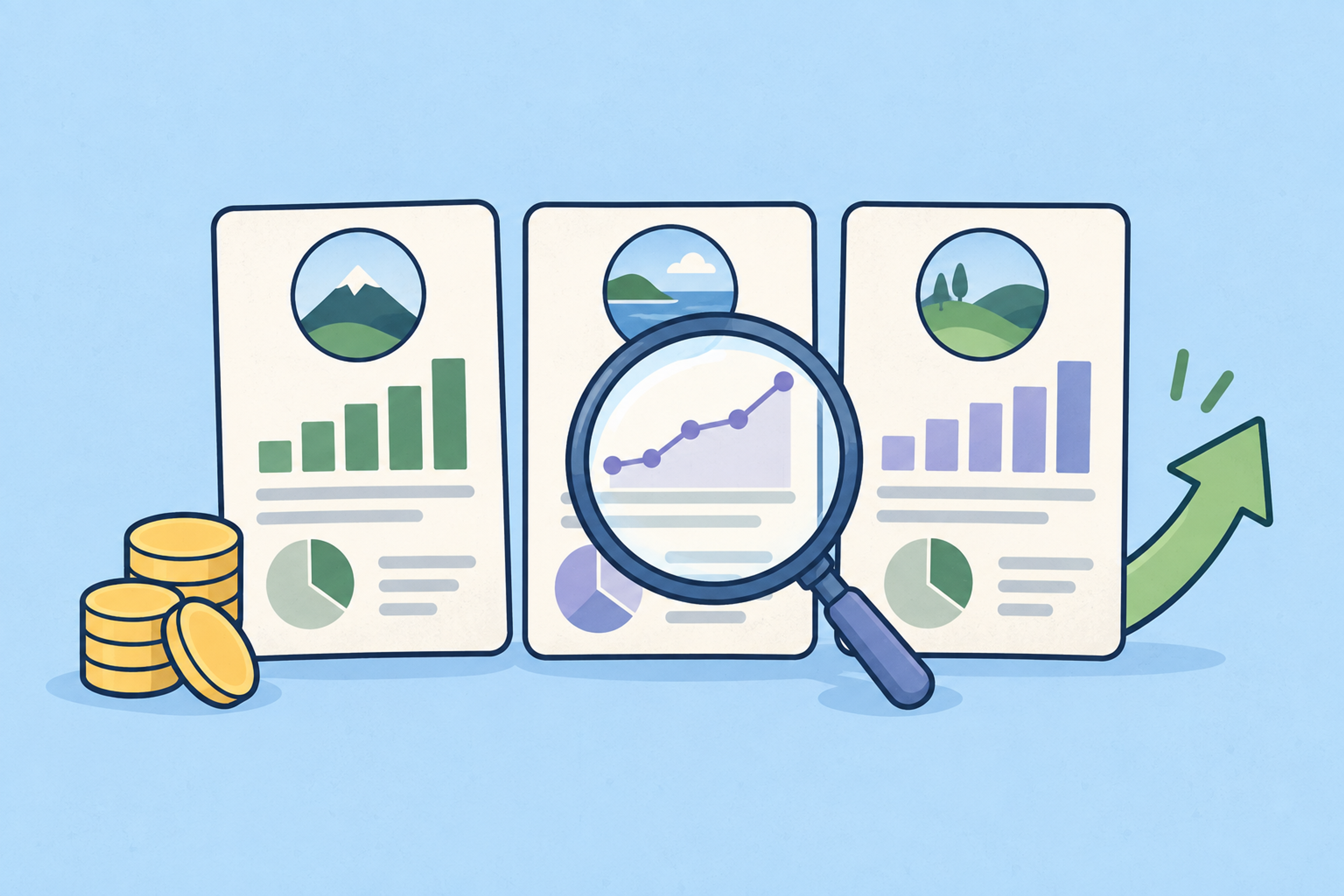 Illustration of three KiwiSaver fund reports compared with a magnifying glass, coins and an upward arrow.