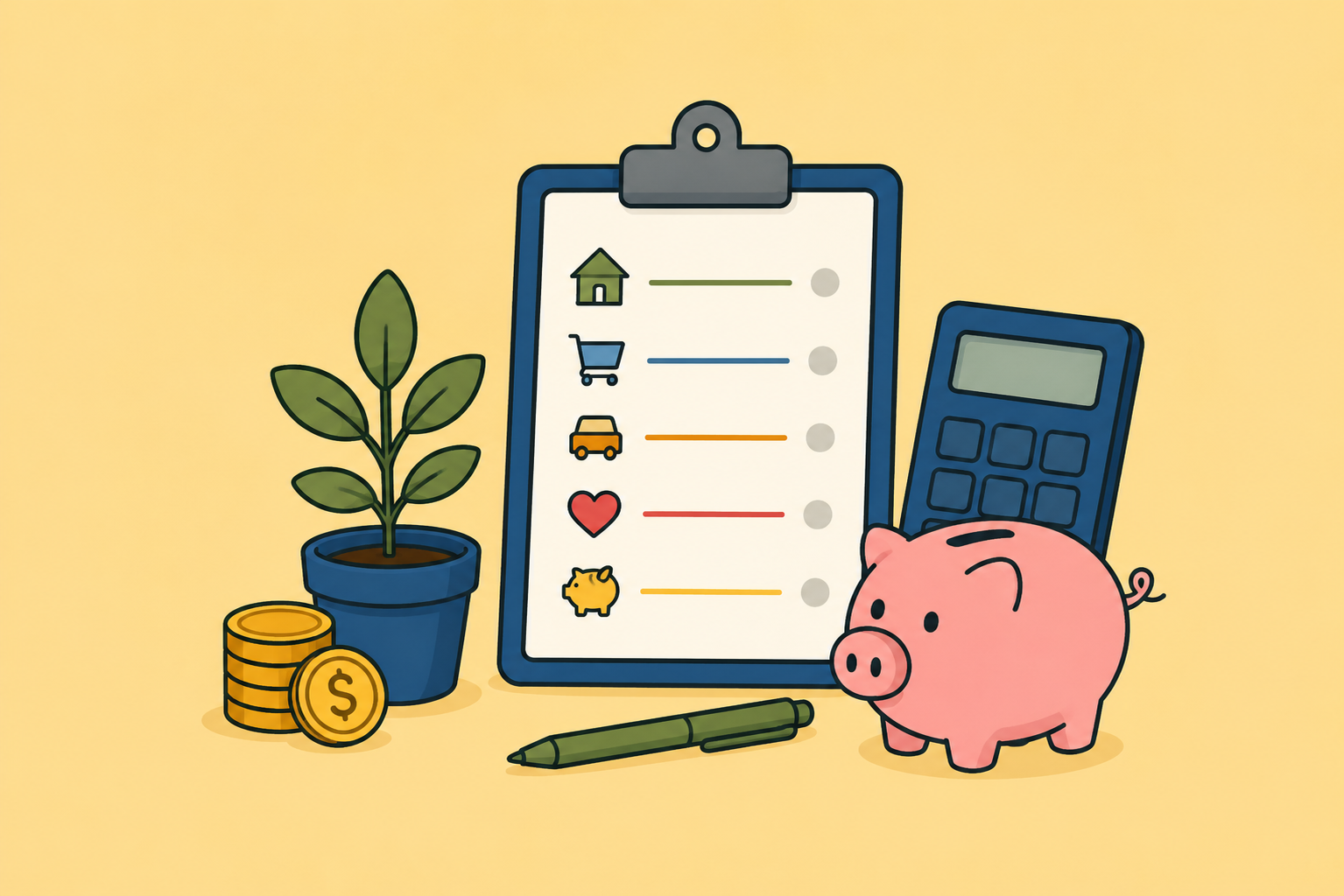 Cover illustration for a beginner's budgeting guide featuring a budget planner, calculator, piggy bank, coins, and a growing plant on a soft yellow background.