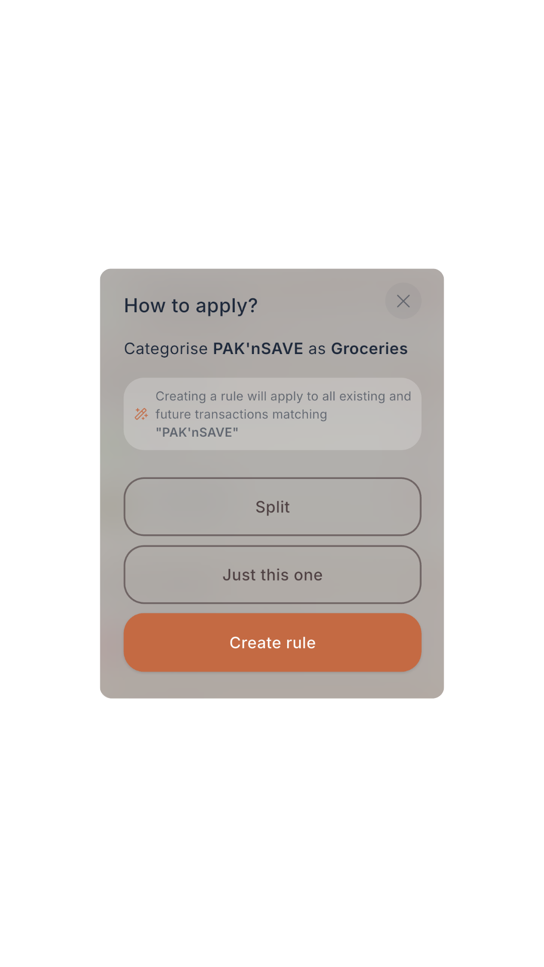 how to apply? options split, just this one, create rule