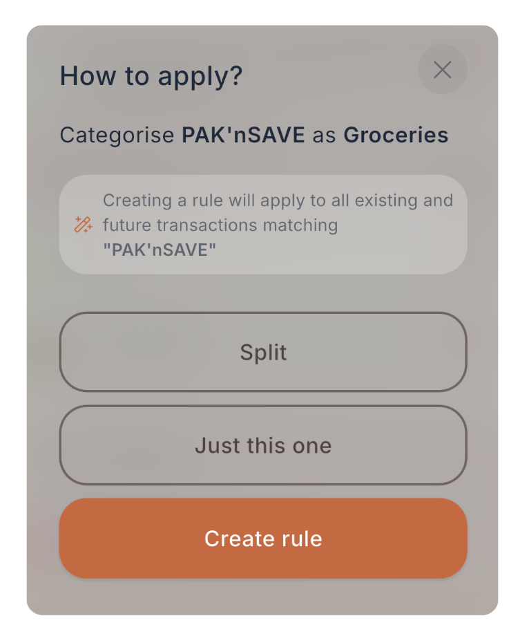how to apply? options split, just this one, create rule