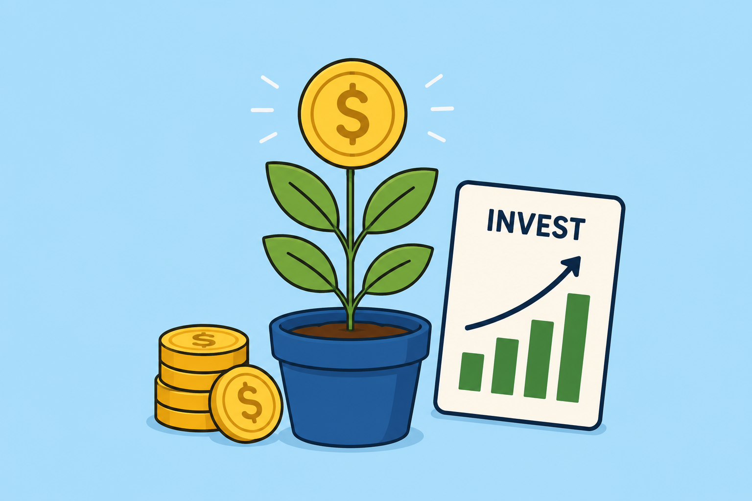 Investment illustration showing money growing into long-term wealth through investing