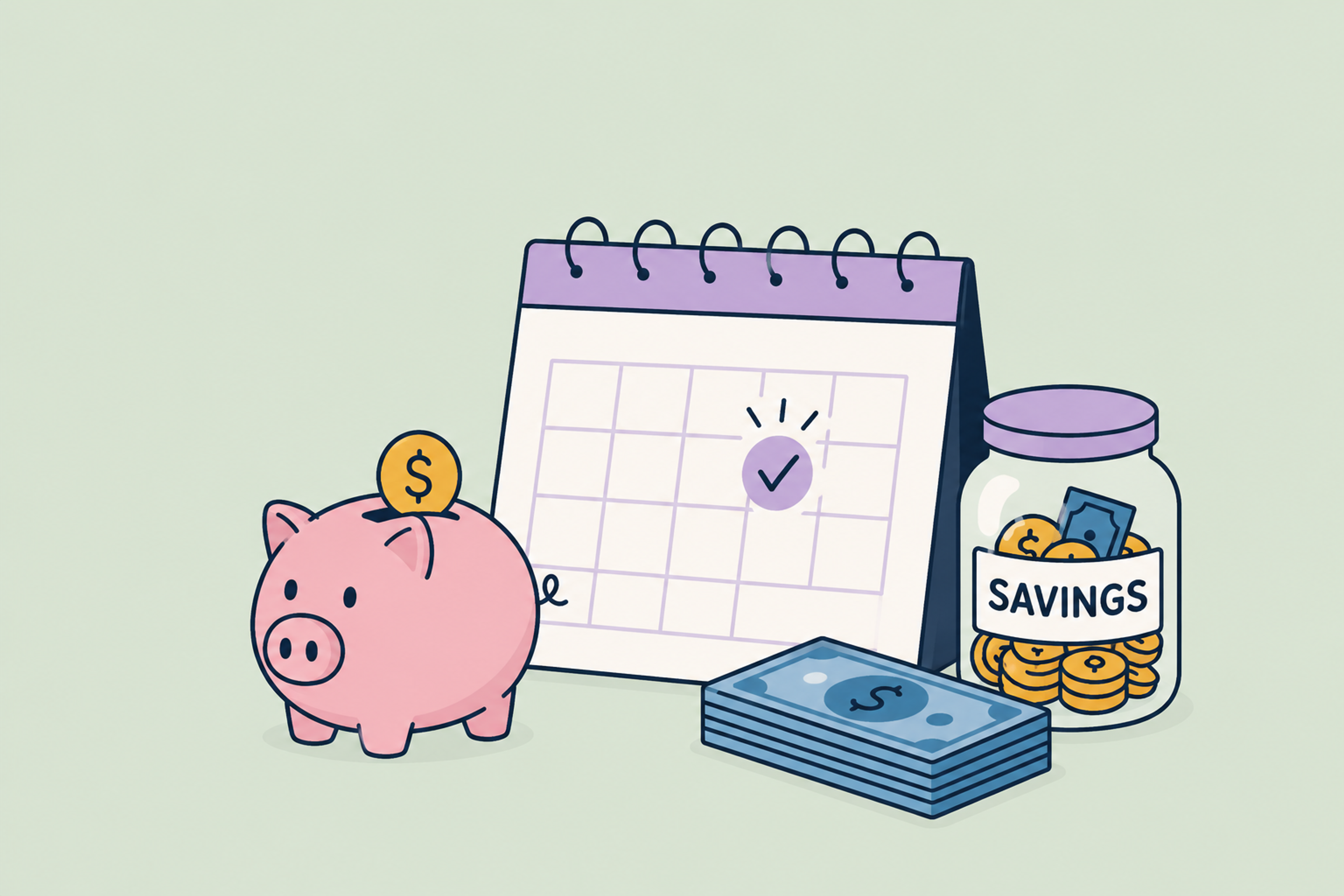 Illustration of a piggy bank, savings jar, calendar, and cash representing monthly savings goals on a soft sage green background.