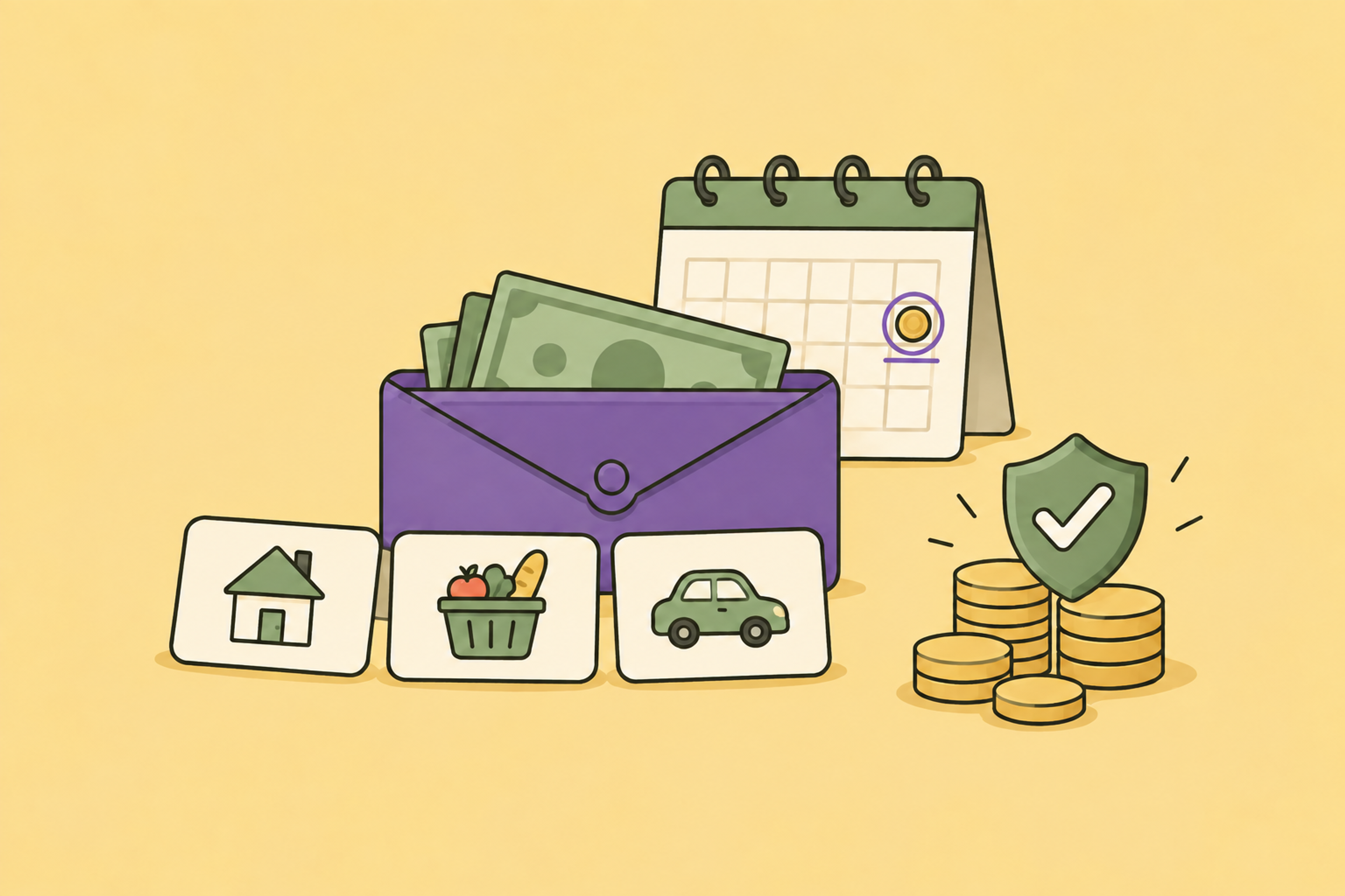 A wallet, essential expenses and protected savings beside a calendar with the next payday marked.