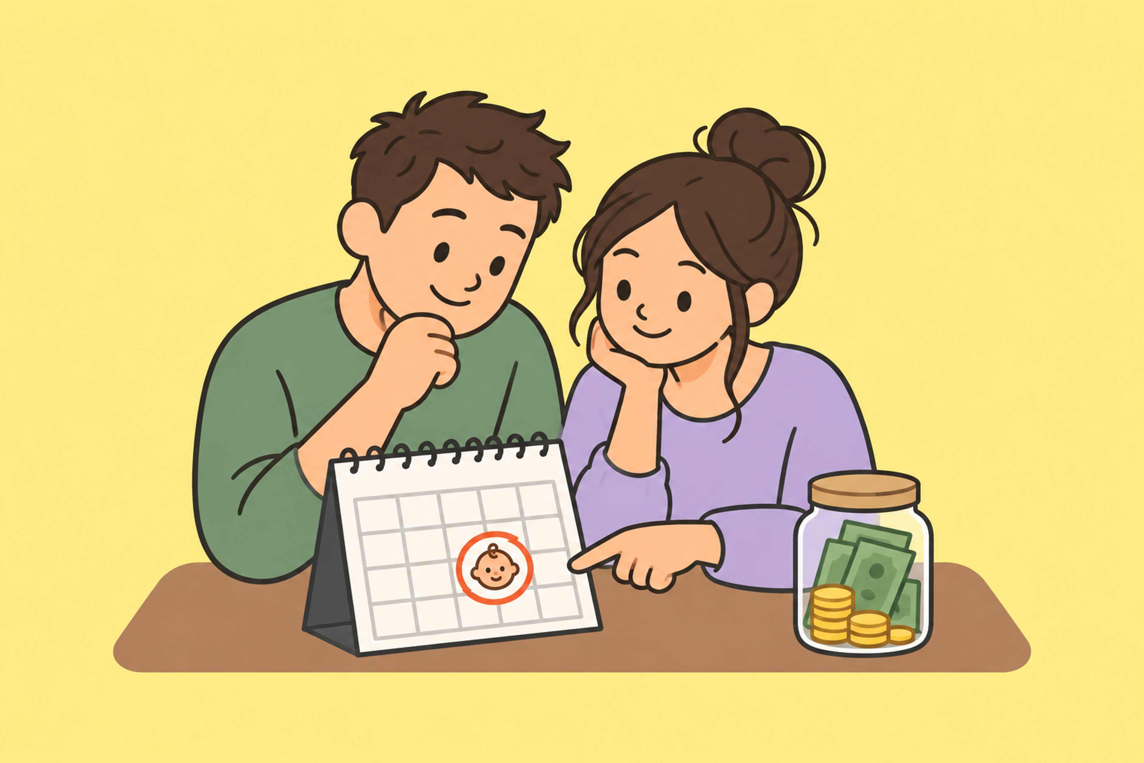 Couple planning parental leave with a baby date marked on a calendar and a savings jar.