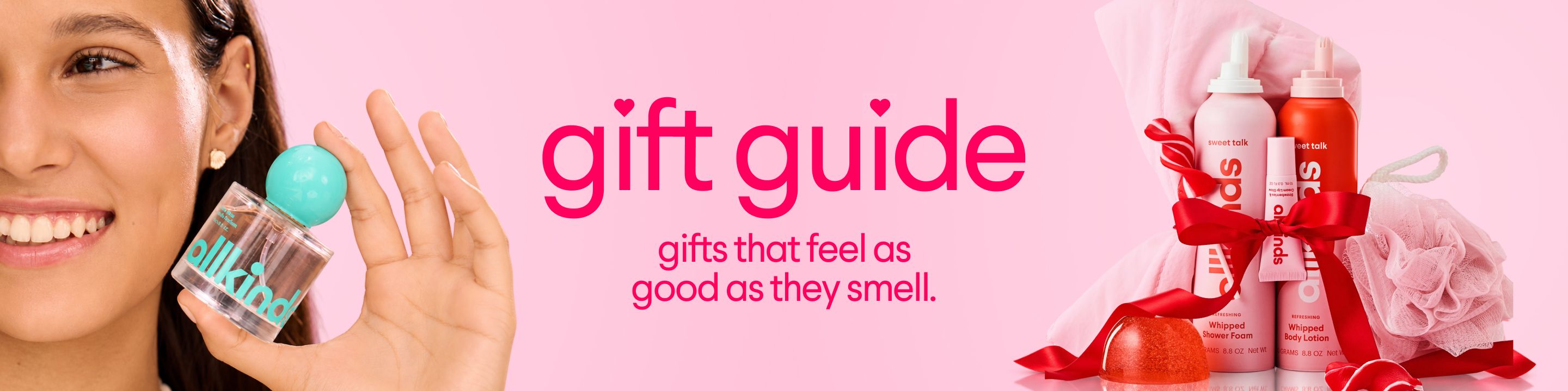 A gift guide banner with a woman holding perfume, bath products, and text: "gifts that feel as good as they smell."