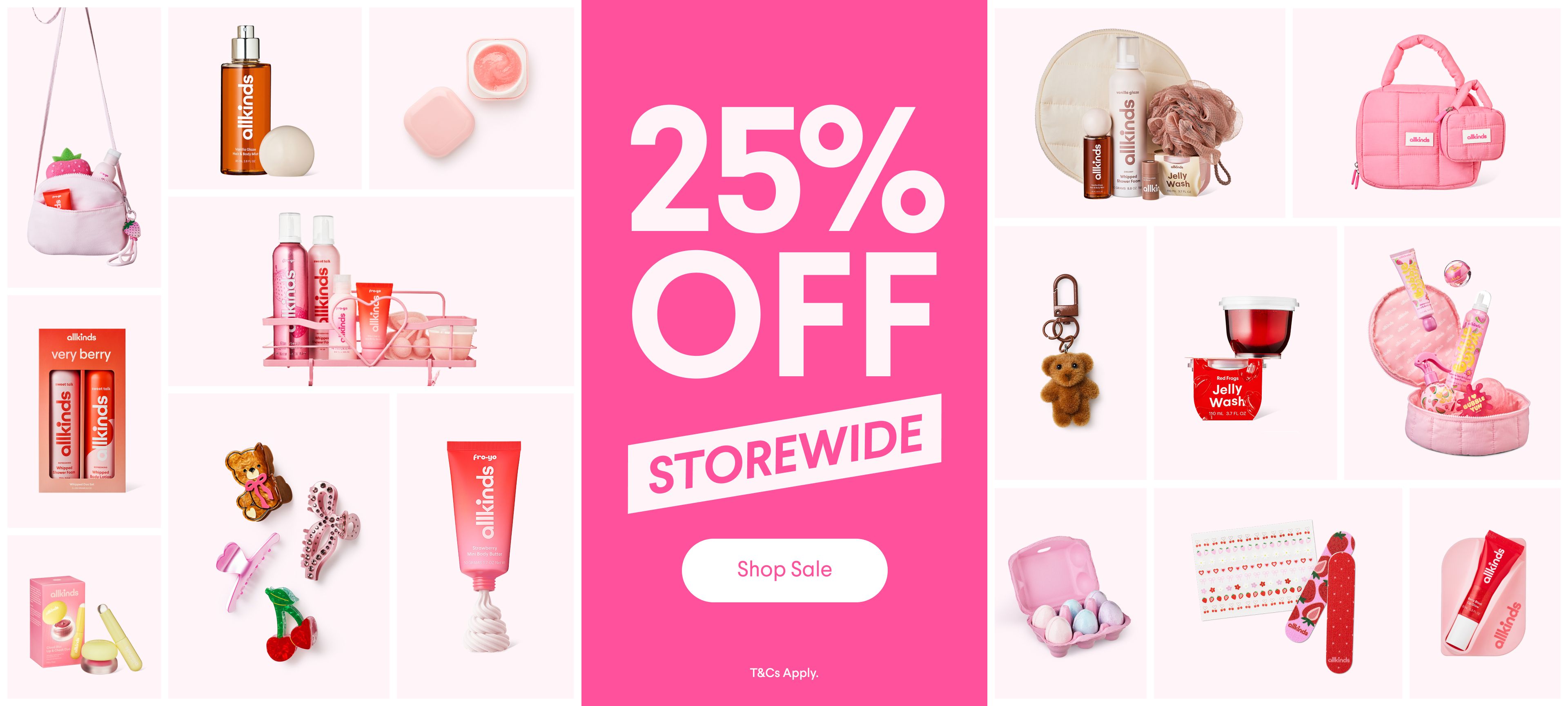 A large pink banner advertises "25% OFF STOREWIDE" amidst a grid of pink beauty products and accessories.