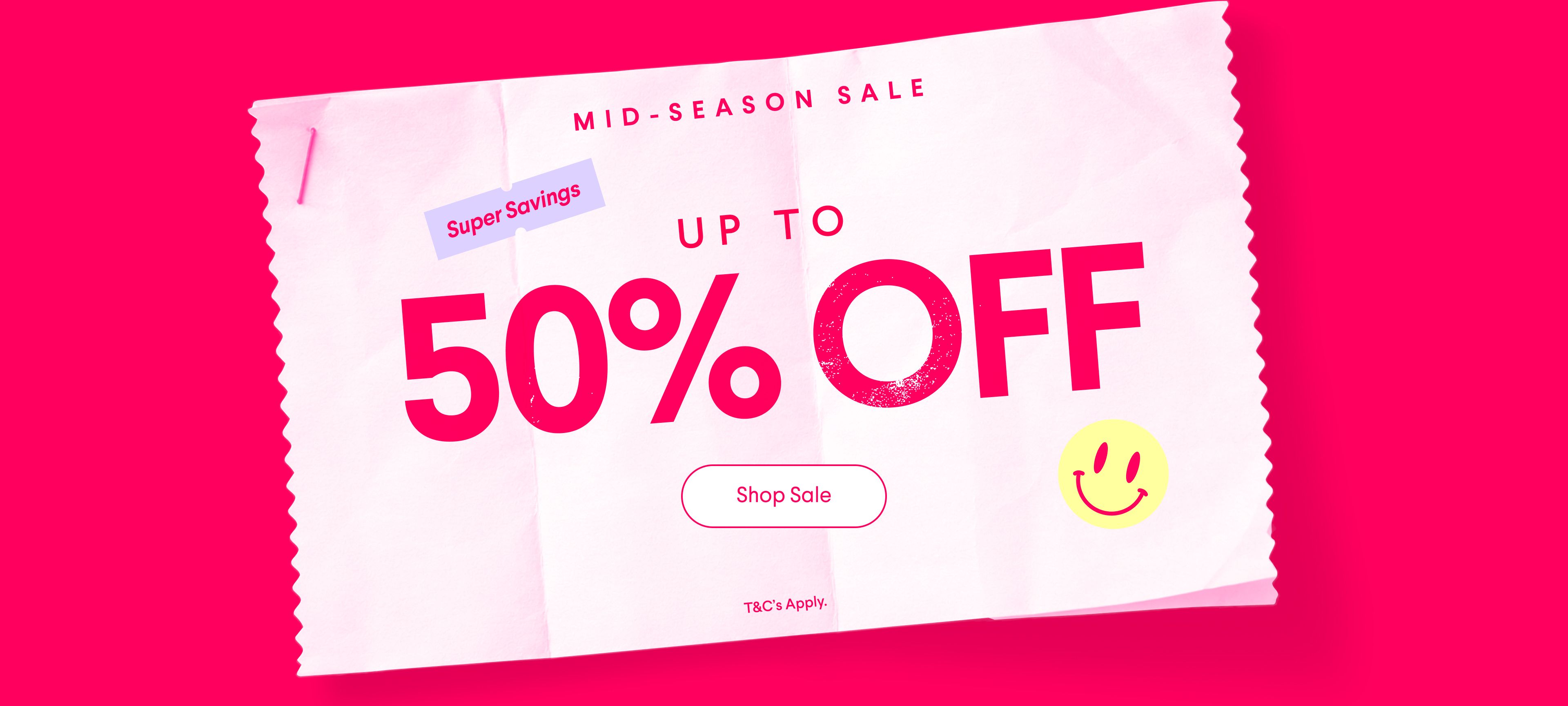 Mid-Season Sale banner with "Up to 50% Off" and a "Shop Sale" button.