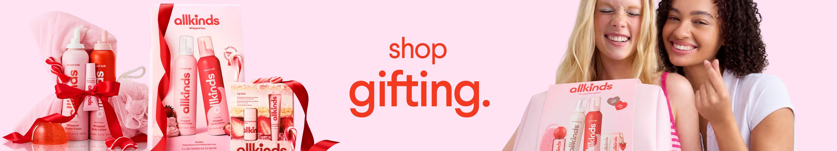 "Shop gifting" banner with allkinds beauty gift sets and two smiling women.