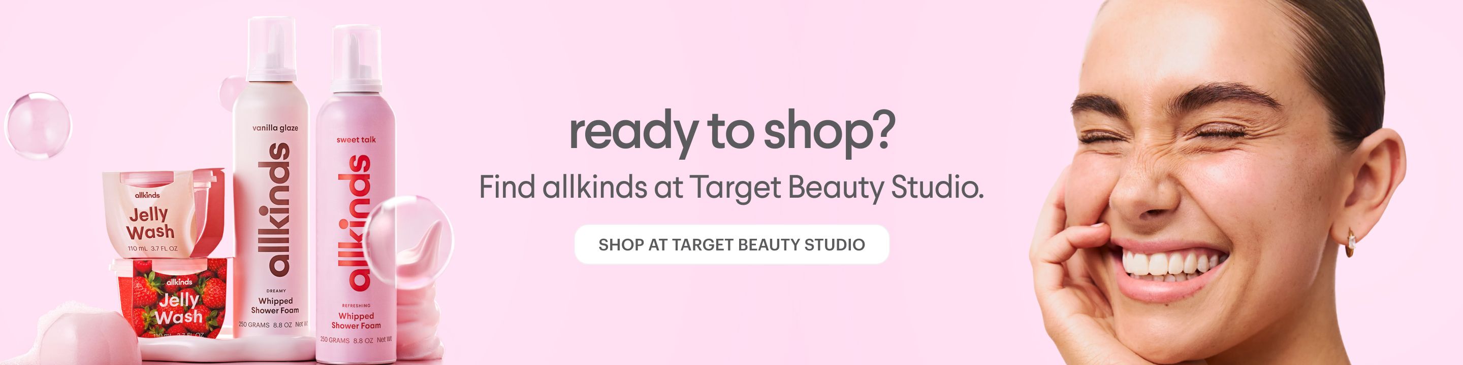 Allkinds beauty products and a smiling woman, with text "Find allkinds at Target Beauty Studio".