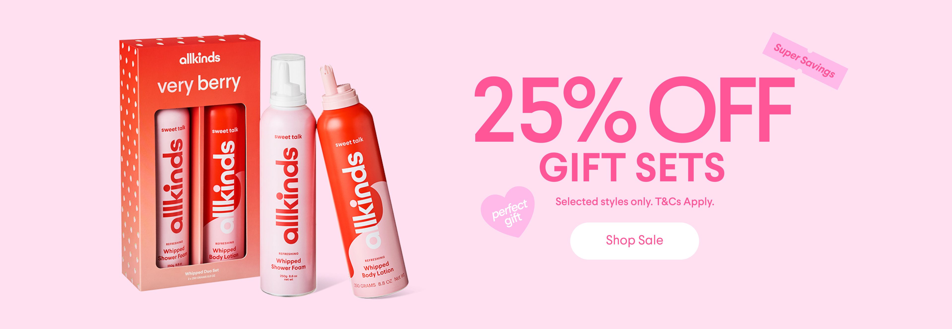 Allkinds "Very Berry" gift set and body products on a pink banner advertising 25% off gift sets.
