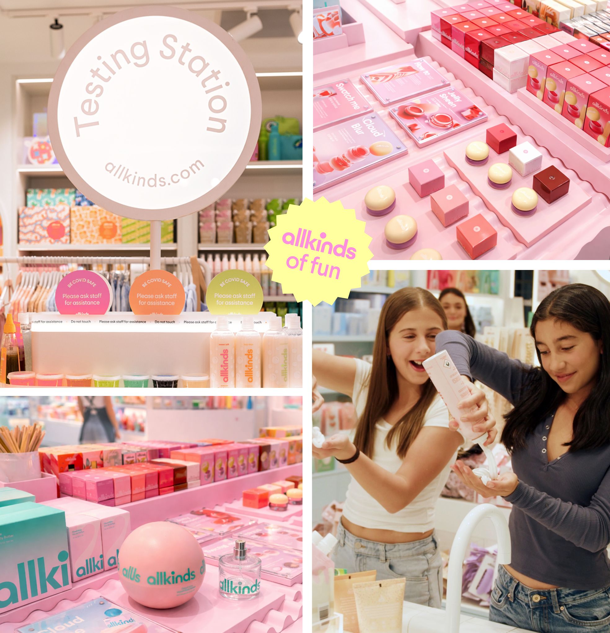 A collage showing an allkinds beauty store with a testing station, pink product displays, and two girls happily trying products.