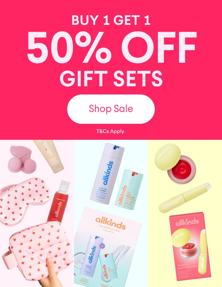 Ad for allkinds gift sets: Buy 1 Get 1 50% Off, showing skincare, makeup, and accessories.