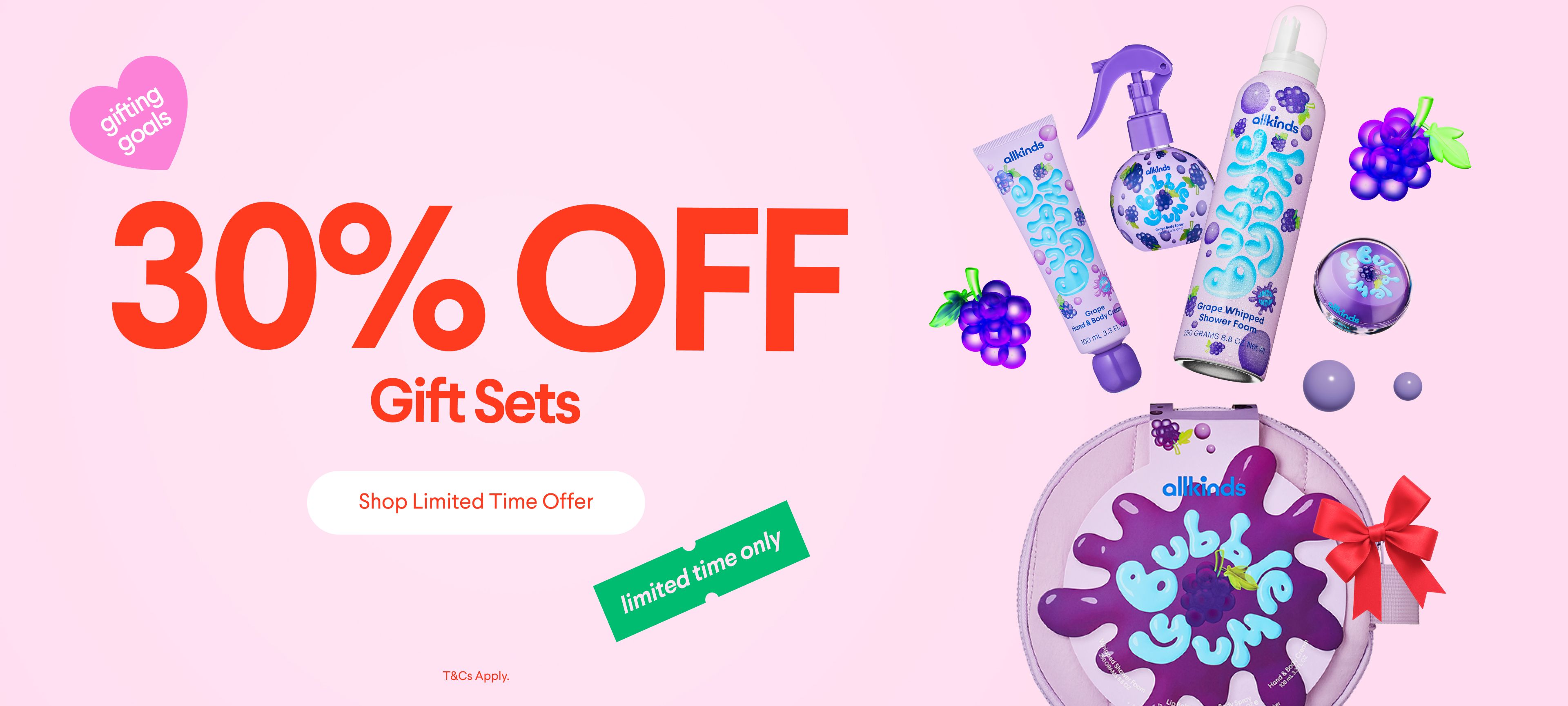 Advertisement for 30% off Allkind blueberry-themed beauty gift sets, featuring various purple products.