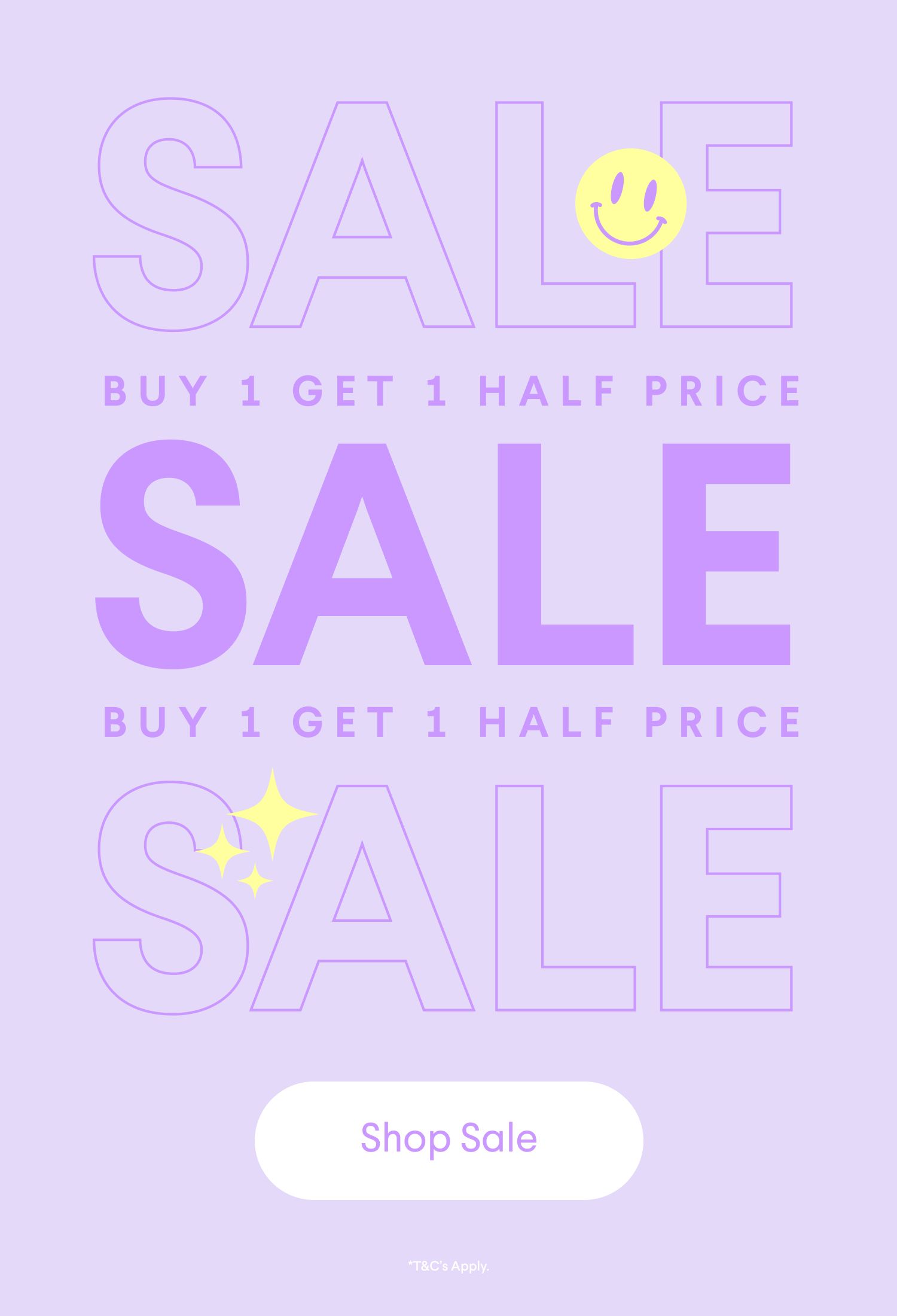 a purple sign that says sale buy 1 get 1 half price