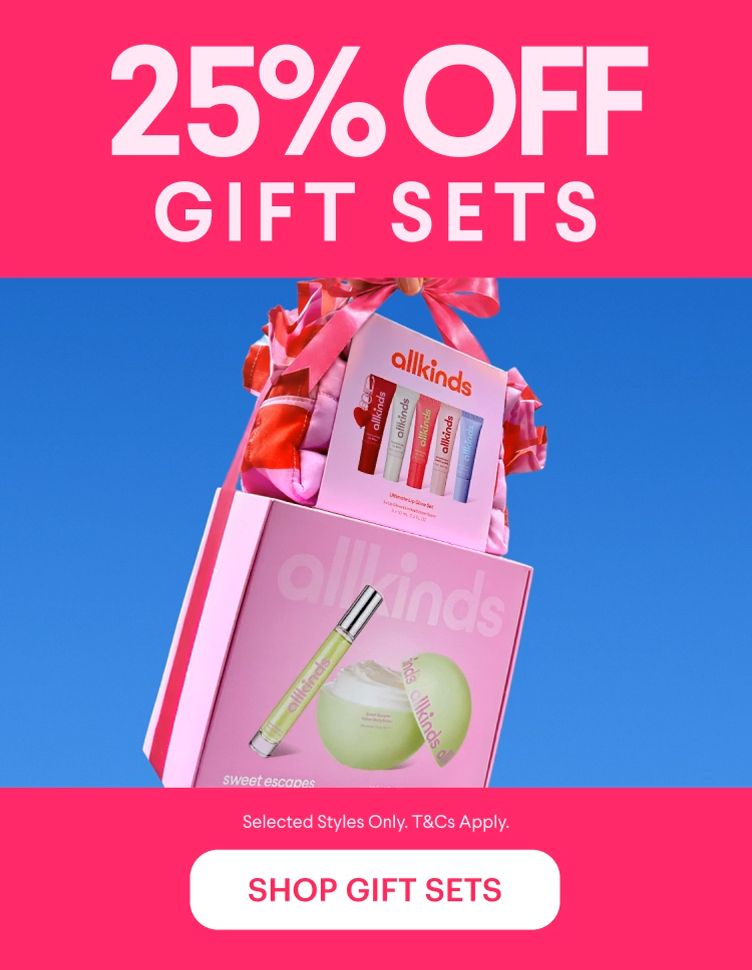 25% off allkinds gift sets with beauty products in pink packaging against a blue sky, and a "Shop Gift Sets" button.