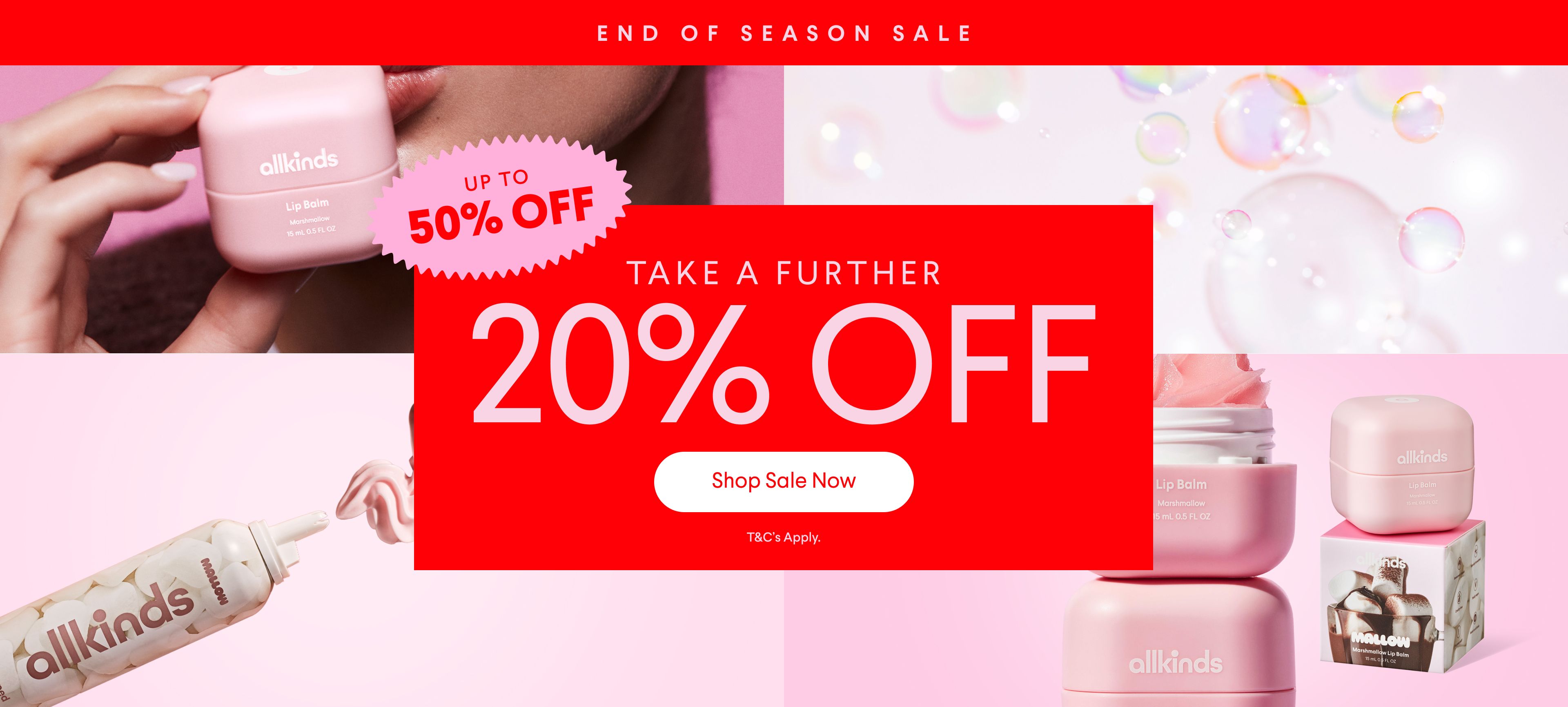 Allkinds End of Season Sale ad: Up to 50% off plus an additional 20% off on pink beauty products like lip balm.