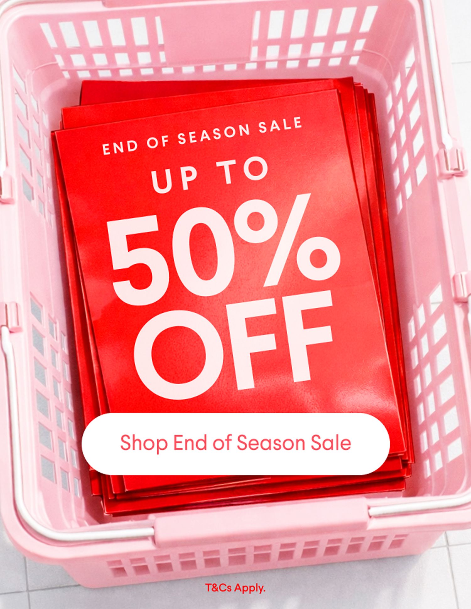 Red signs in a pink shopping basket advertise "End of Season Sale Up to 50% Off" with a "Shop End of Season Sale" button.