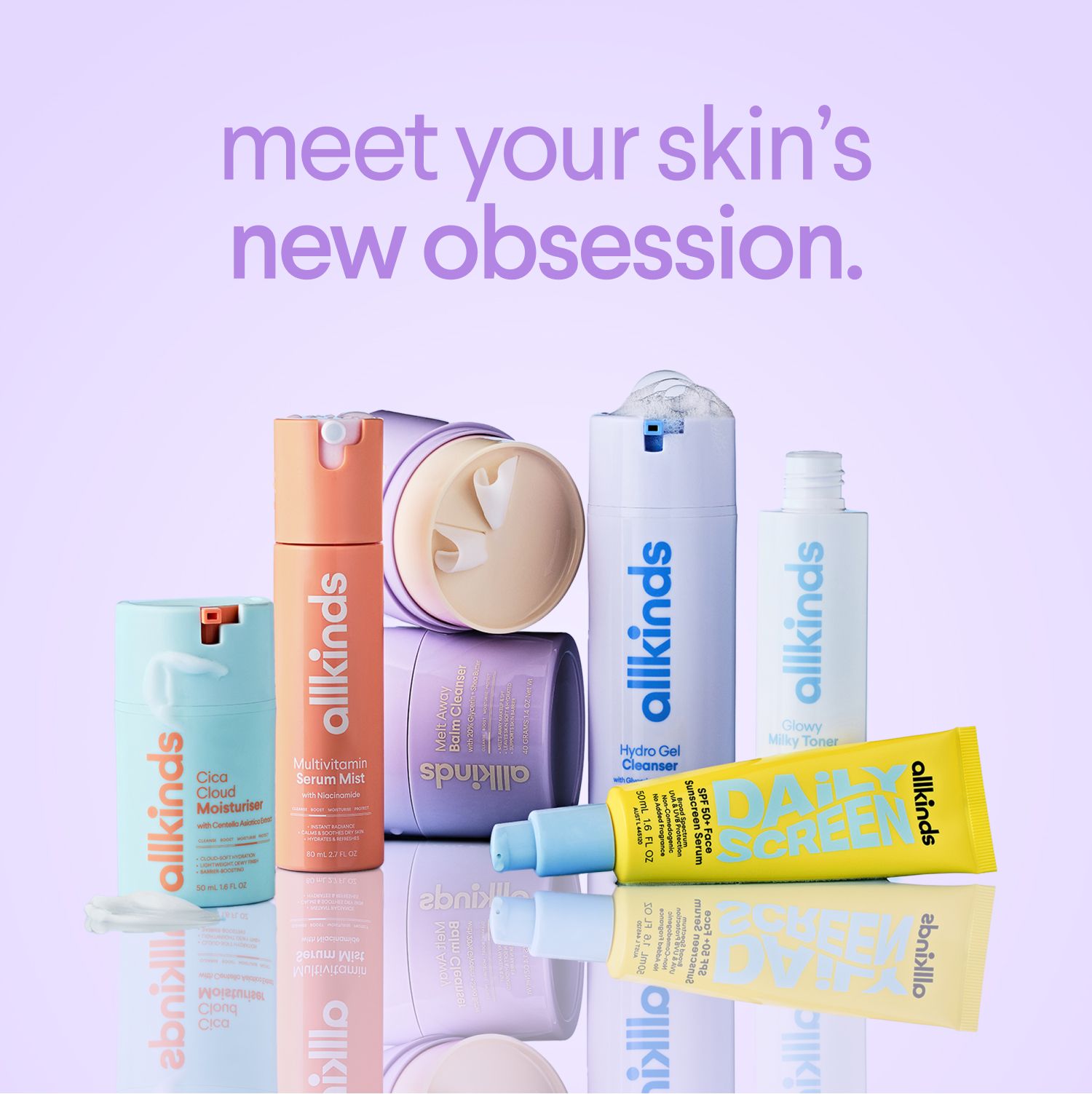 A vibrant collection of allkinds skincare products including moisturiser, serum mist, cleansers, toner, and sunscreen, with the text "meet your skin's new obsession."