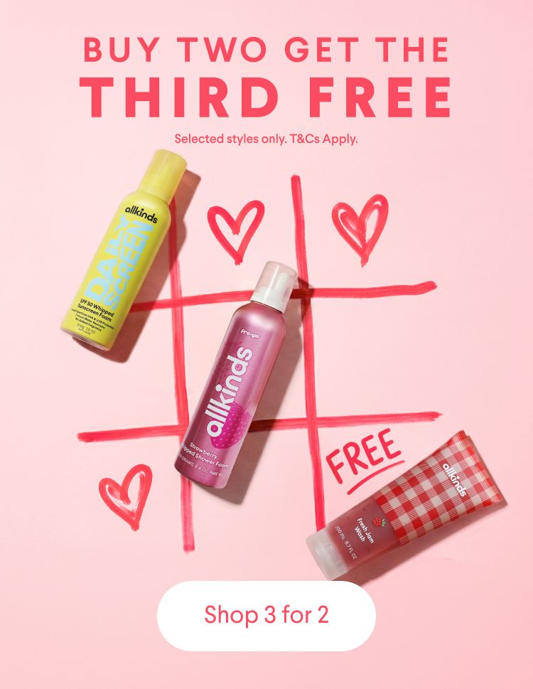 Allkinds "Buy 2 Get 1 Free" promotion with three body care products on a pink tic-tac-toe board.