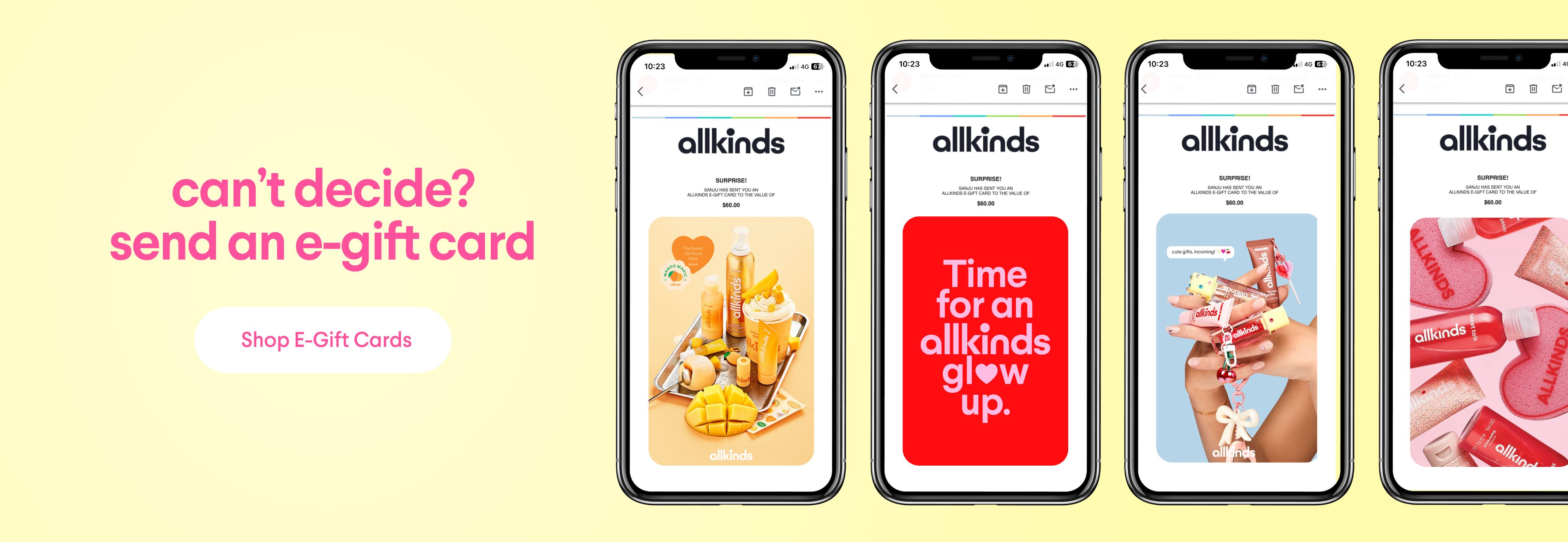 Allkinds e-gift card promotion with text "can't decide? send an e-gift card" next to four smartphones displaying the Allkinds app featuring beauty products and promotions.