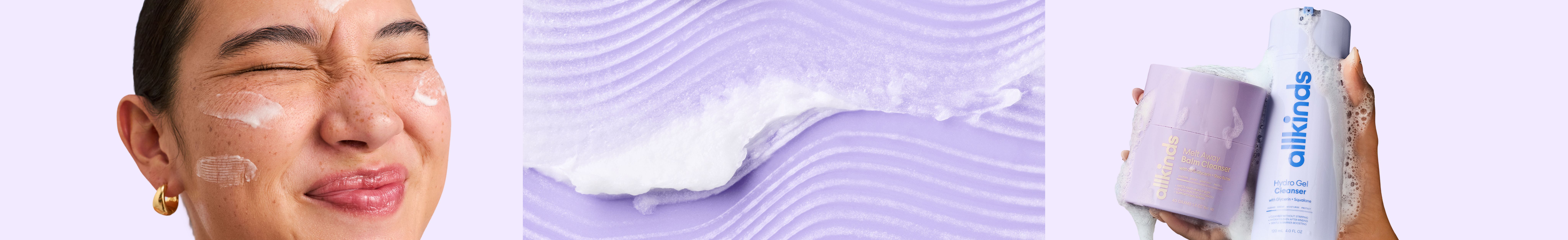 Person with cream on face, product on a purple textured surface, and a hand holding skincare bottles with foam.