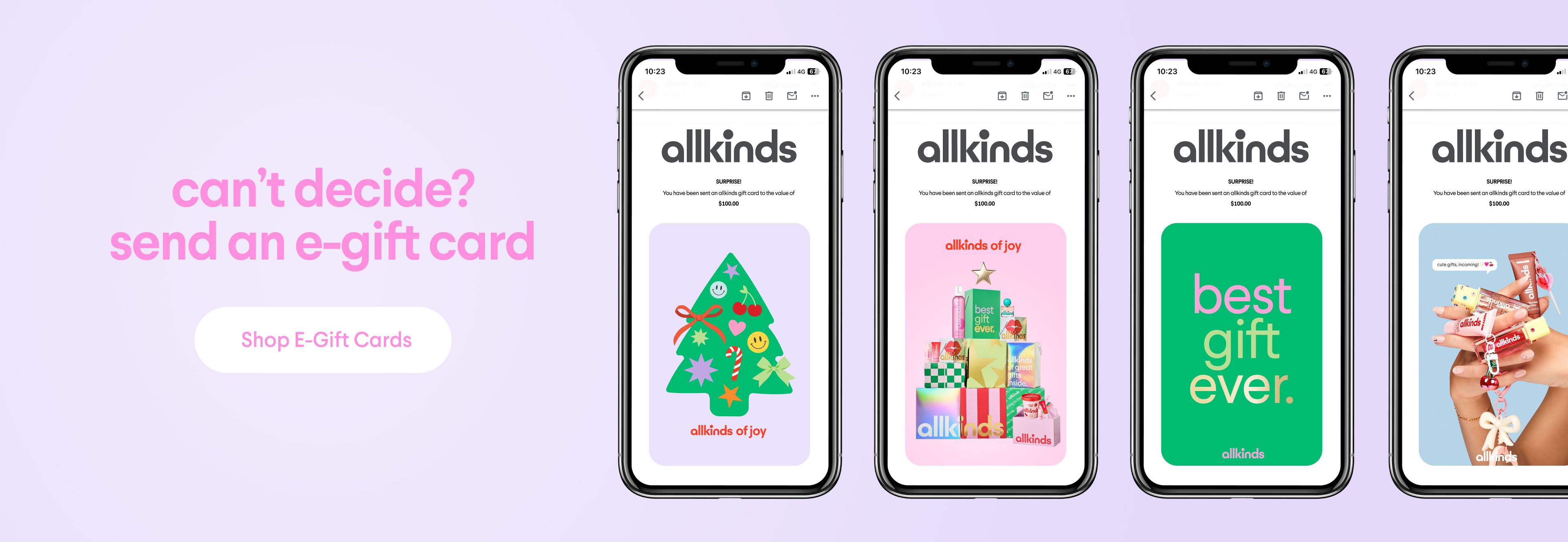 Four smartphones display festive and gift-themed 'allkinds' e-gift cards next to text promoting sending e-gift cards.