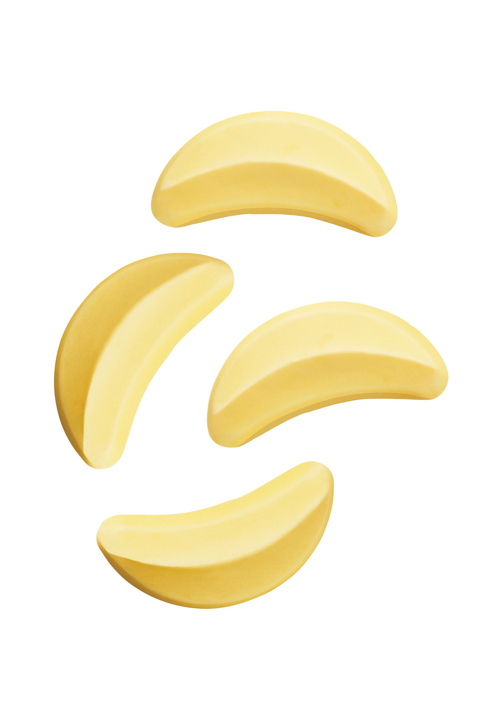 four slices of banana are arranged in a circle on a white background