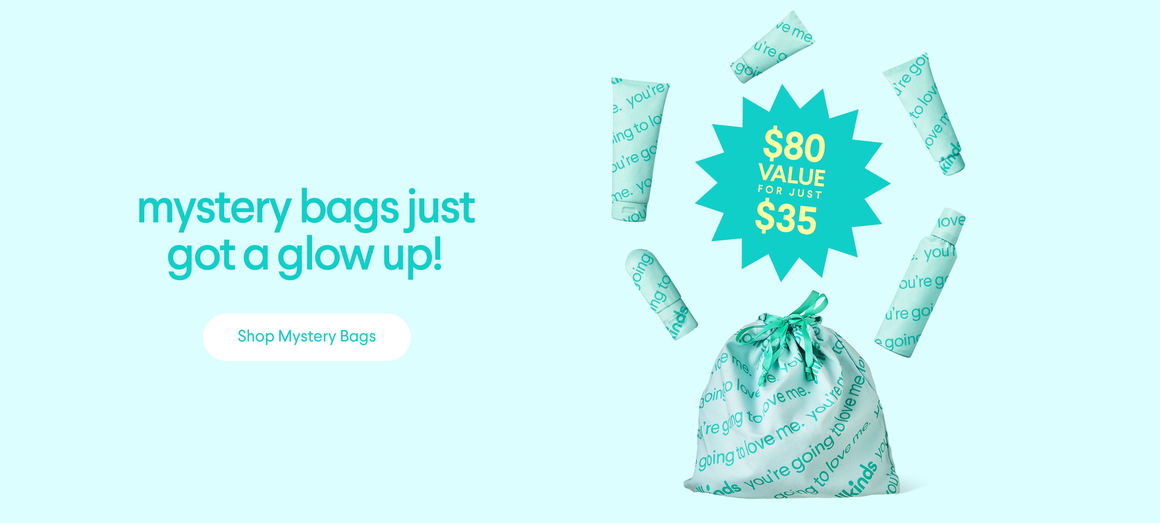 Ad for mystery bags, showing a teal drawstring bag and beauty products, promoting an "$80 VALUE FOR JUST $35" with the headline "mystery bags just got a glow up!"