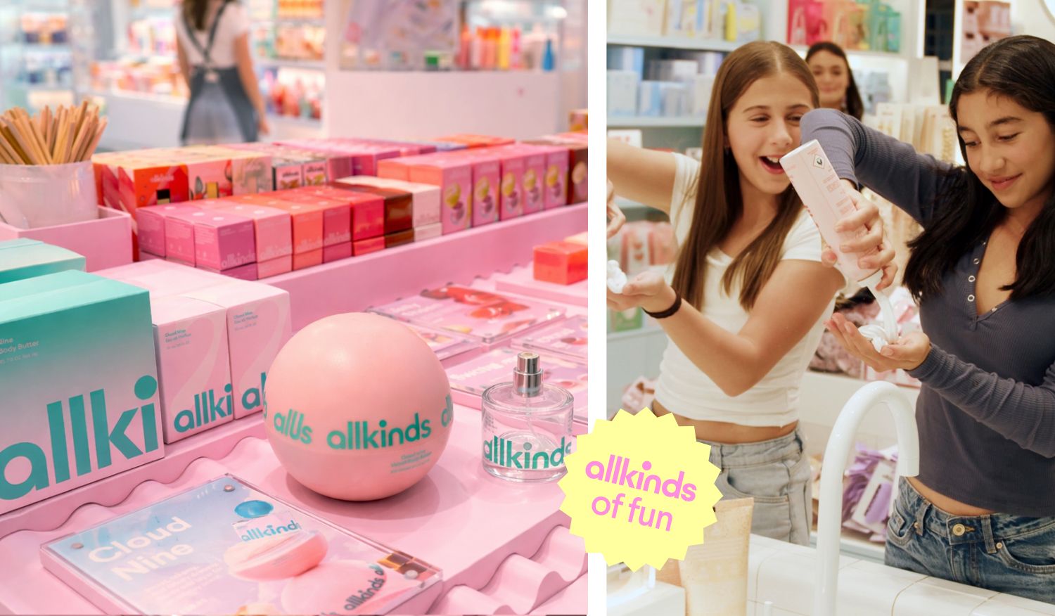 Allkinds personal care products displayed on a pink counter, and two girls laughing as they try a foaming cleanser at a sink, with "allkinds of fun" text.