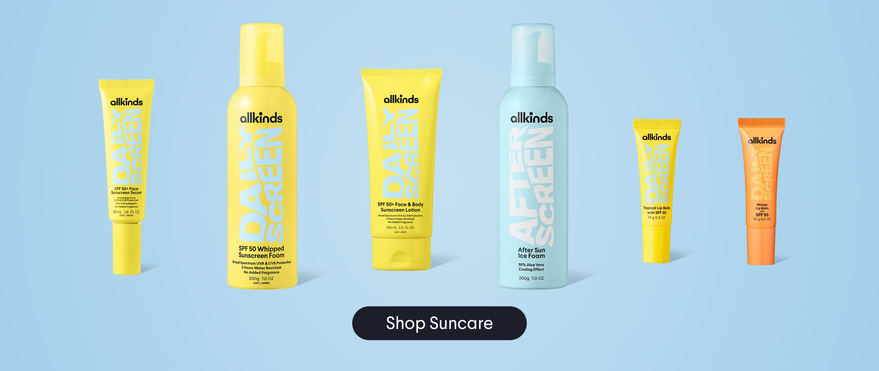 a variety of sun care products are lined up on a blue background .