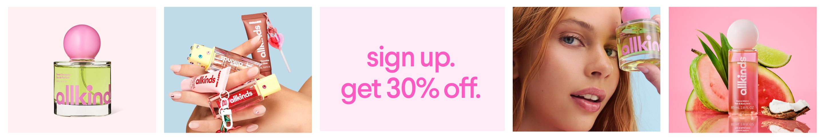 Ad banner showing perfume bottles, lip glosses, a model, and a sign-up offer for 30% off.