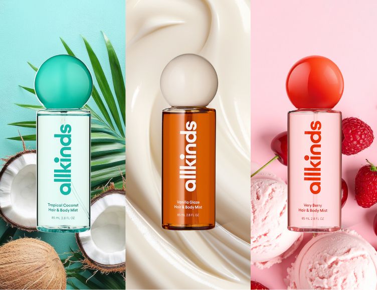 Three "allkinds" hair and body mists: Tropical Coconut (teal), Vanilla Glaze (amber), and Very Berry (pink), each with themed backgrounds of fruit, cream, or berries.
