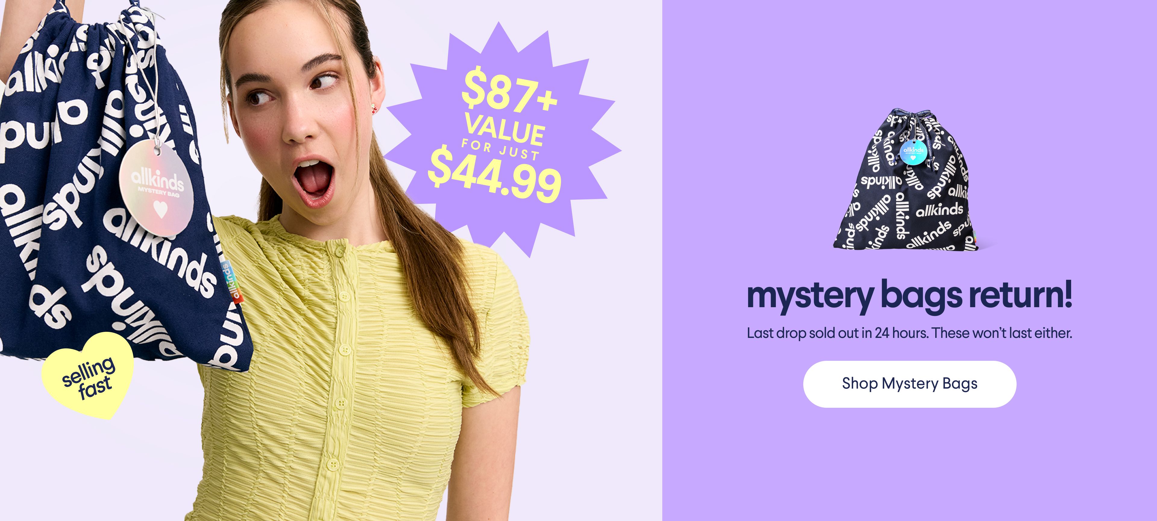 An allkinds mystery bag promotion featuring a surprised woman holding a blue bag, with text "$87+ value for $44.99" and "mystery bags return!".