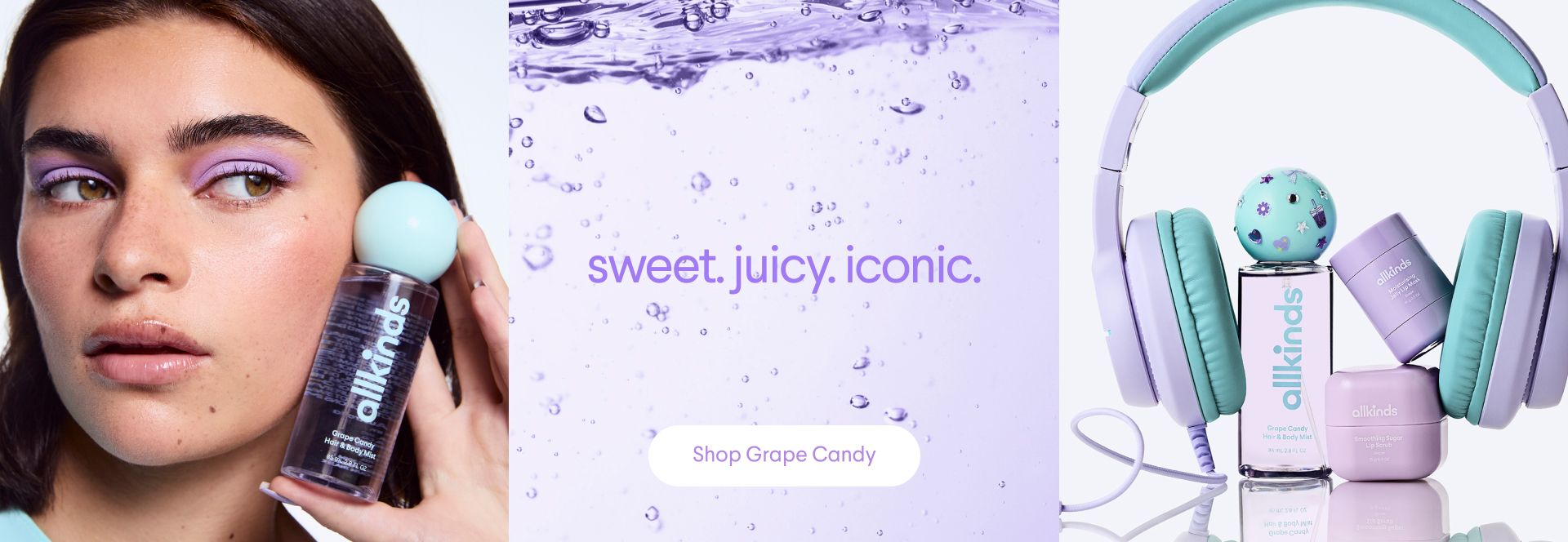 Allkinds 'Grape Candy' product banner featuring a model, 'sweet. juicy. iconic.' text, and purple and teal products with headphones.