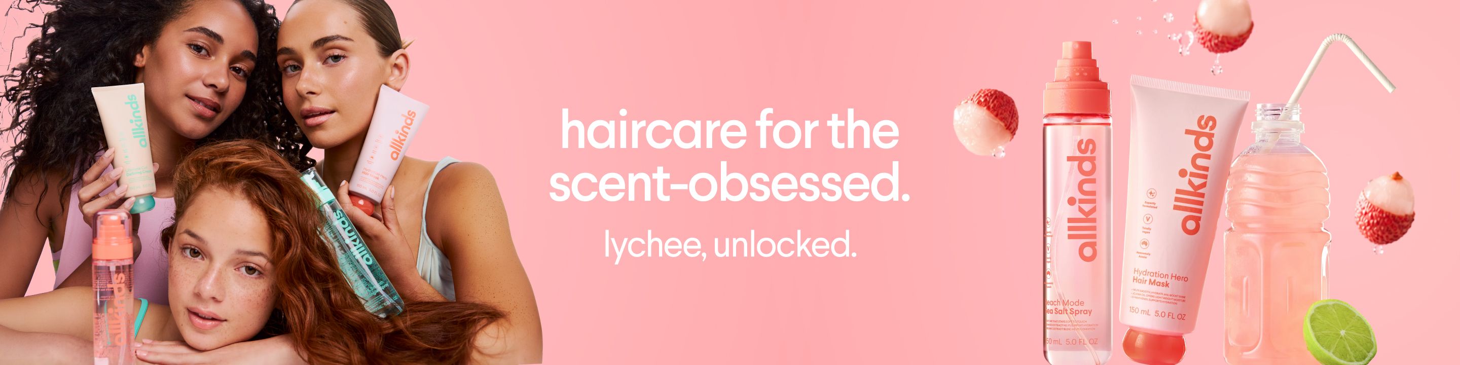 Three diverse women showcasing lychee-scented haircare products, with text "haircare for the scent-obsessed. lychee, unlocked."