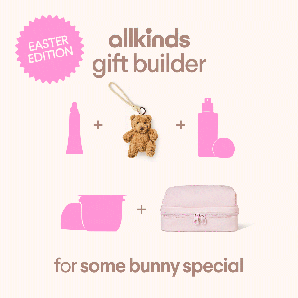 allkinds Easter Edition gift builder featuring a teddy bear charm, pink silhouettes of beauty products, and a cosmetic bag, with text "for some bunny special".