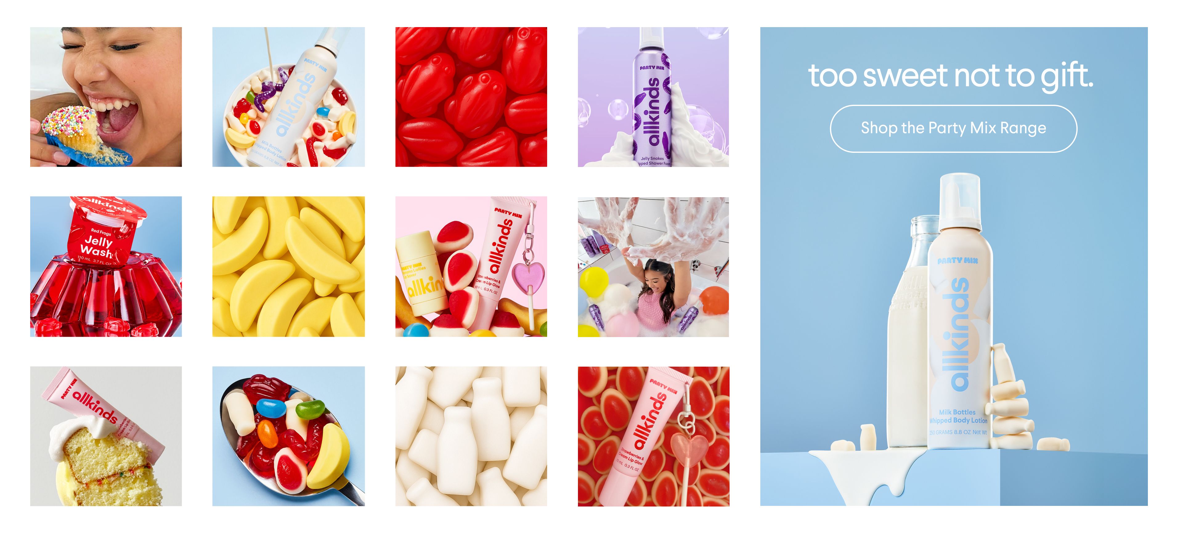 a collage of pictures of candy and a bottle of lotion 