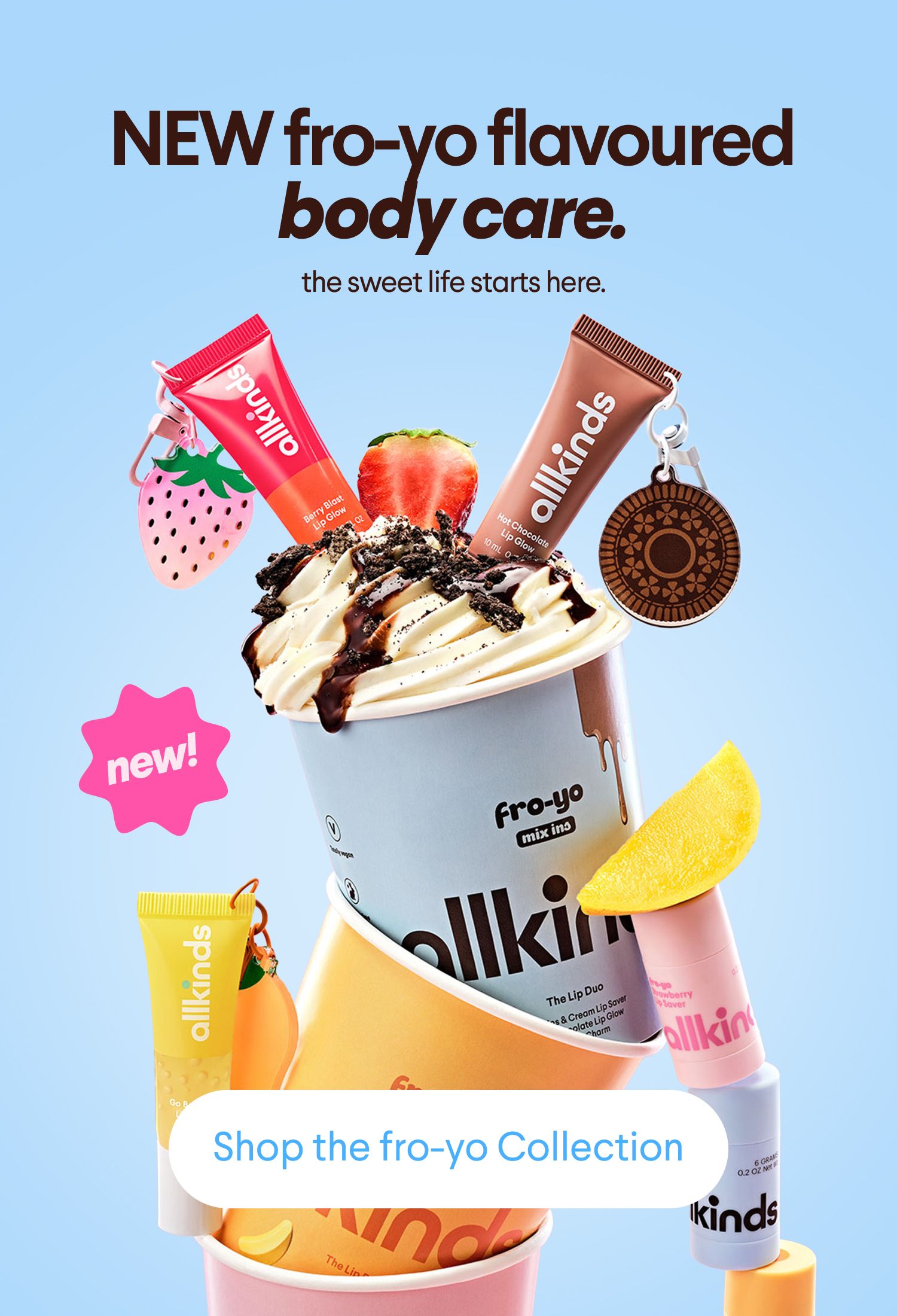 Allkinds ad featuring new fro-yo flavored lip glosses and balms arranged as toppings on a frozen yogurt cup.