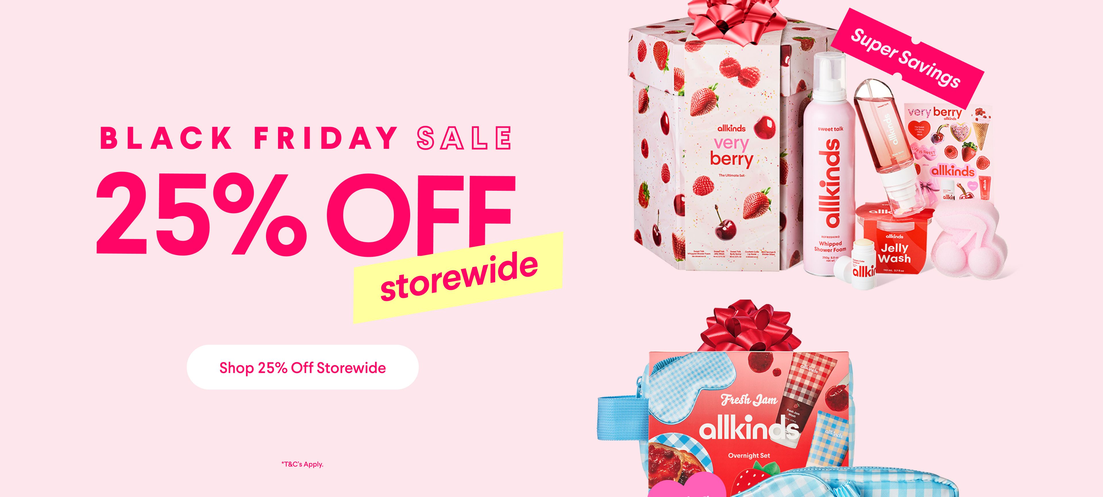 Black Friday Sale with 25% off storewide, featuring allkinds "Very Berry" and "Fruit Jam" beauty gift sets on a pink background.