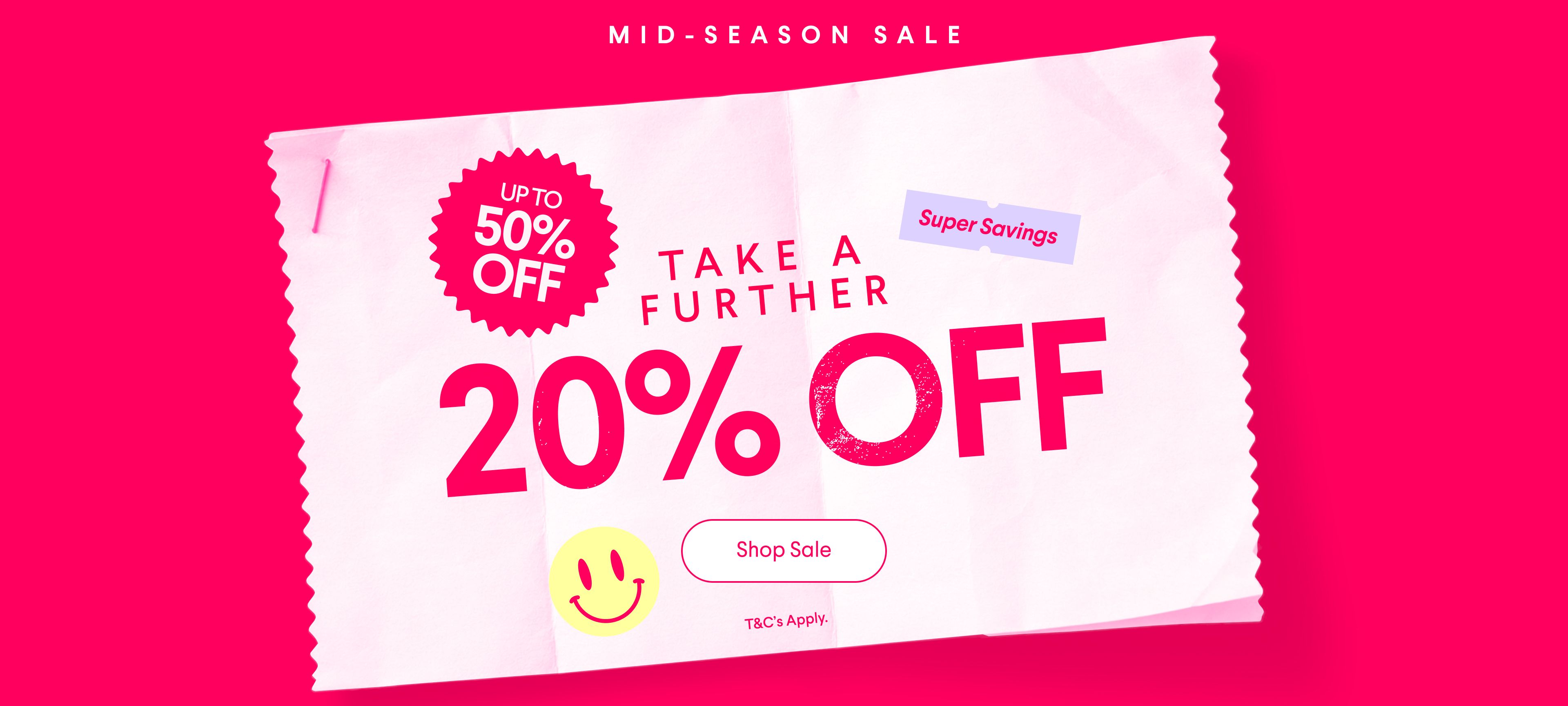 Mid-Season Sale banner advertising "Up to 50% OFF" and "Take a further 20% OFF" with a "Shop Sale" button.