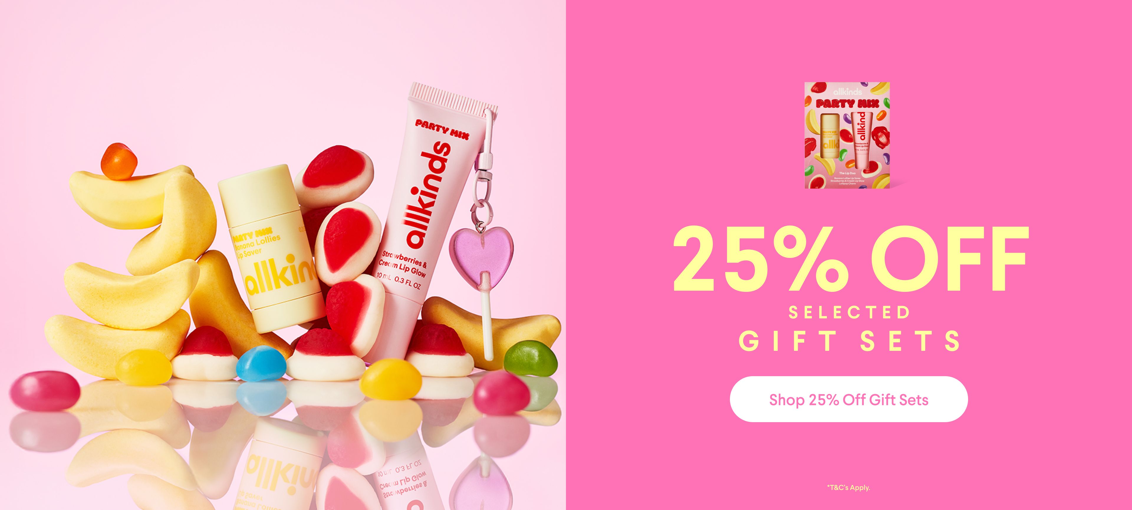 Playful allkinds product advertisement: a pink banner featuring cosmetics and candies on the left, and "25% OFF SELECTED GIFT SETS" with a shop button on the right.
