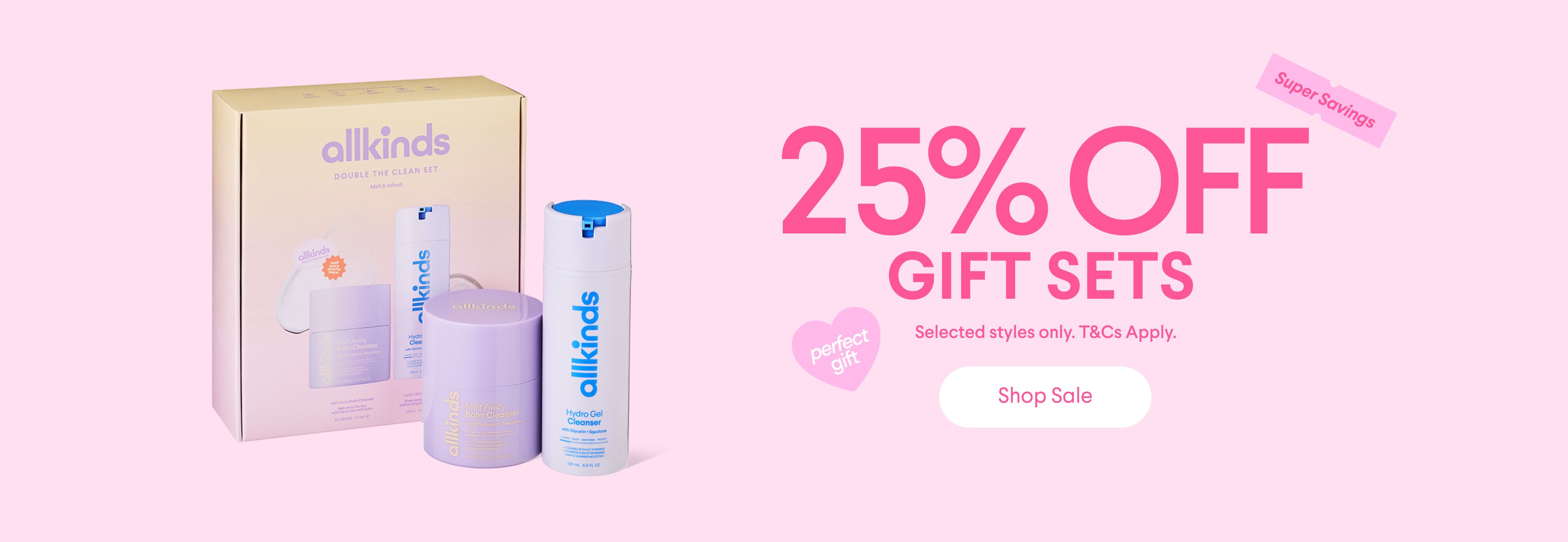 allkinds skincare banner advertising 25% off gift sets, with products shown and a "Shop Sale" button.