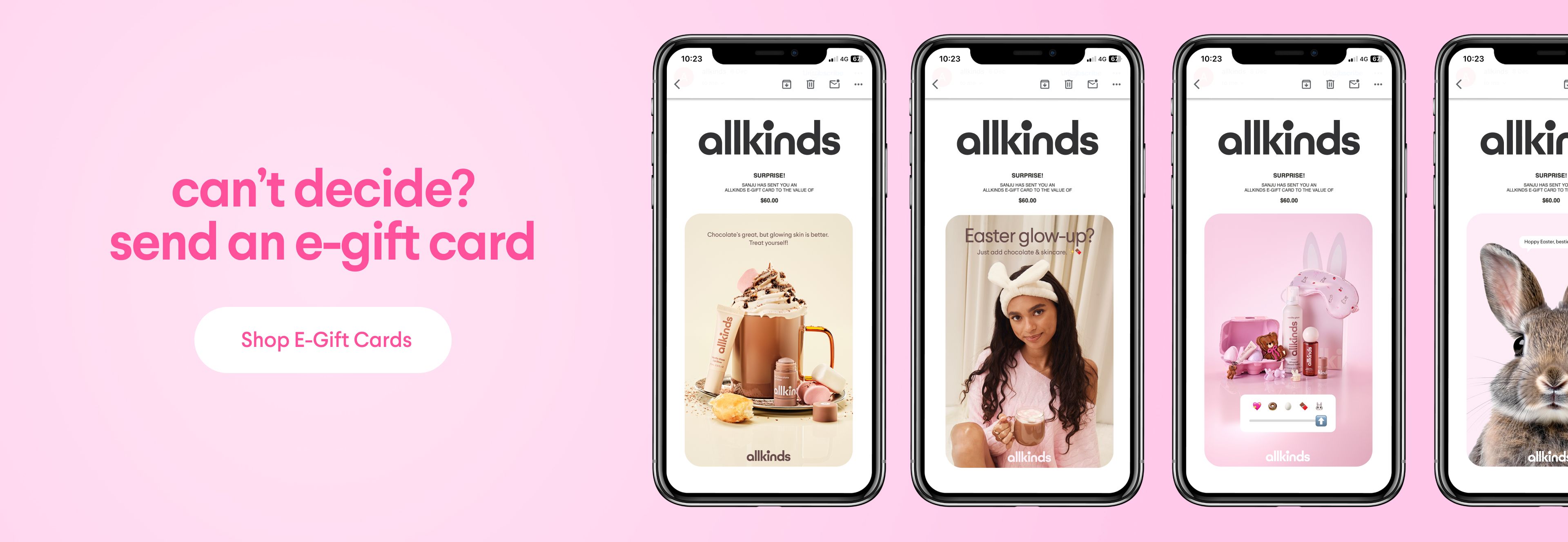 A pink banner promotes "allkinds" e-gift cards with text "can't decide? send an e-gift card", next to four phones displaying various Easter-themed products.