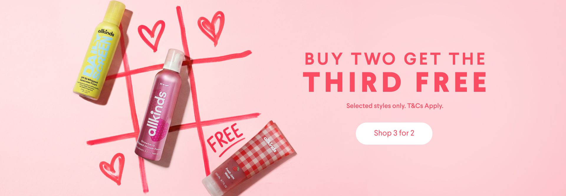 Allkinds 'Buy two get the third free' offer, featuring three beauty products on a pink background with a tic-tac-toe grid and hearts.