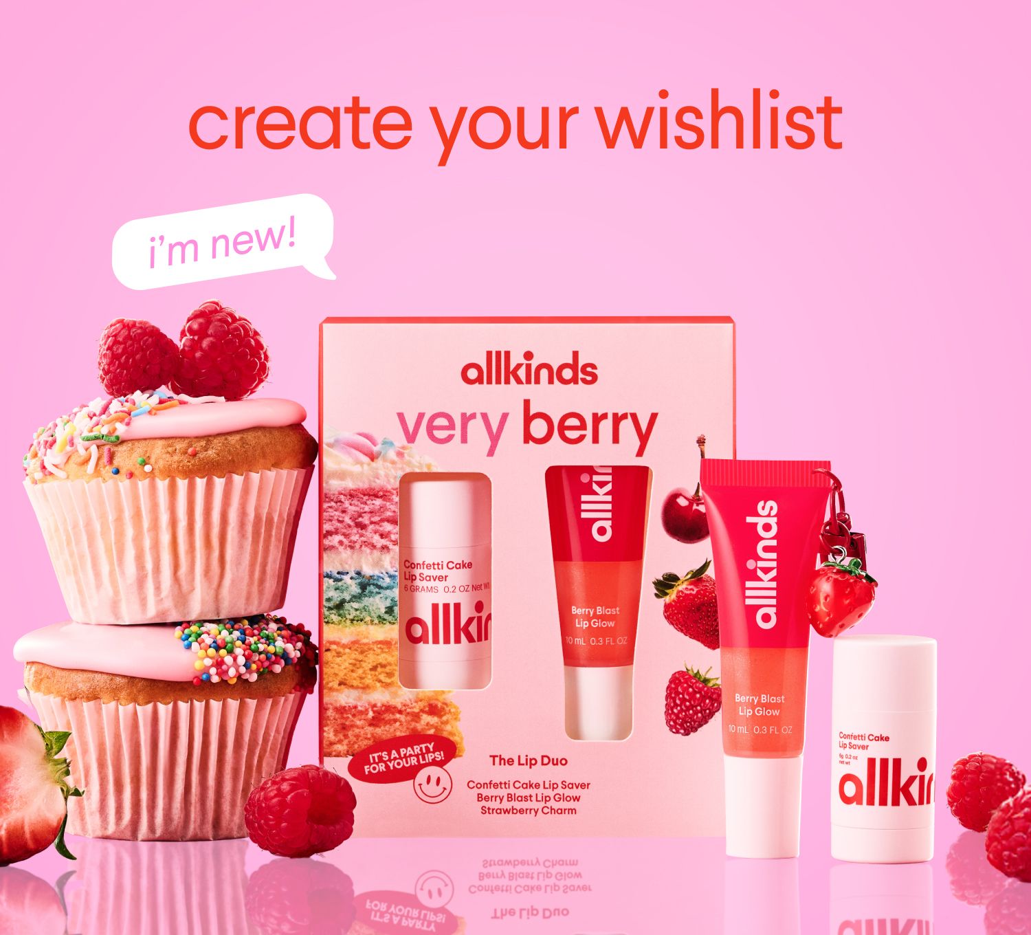 Allkinds Very Berry lip gloss and lip saver with cupcakes and berries on a pink background. Text: "create your wishlist".