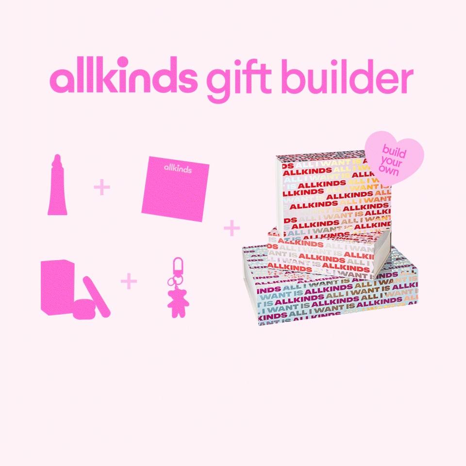 Text "allkinds gift builder" above pink silhouettes of customizable items like beauty products and a keychain, shown with plus signs next to stacked branded gift boxes topped with a "build your own" heart.
