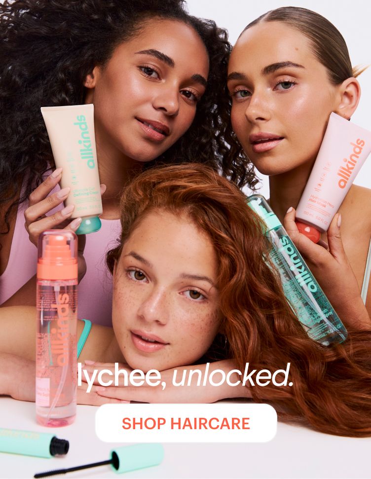 Three young women with diverse hair types hold various allkinds hair products. Text: "lychee, unlocked." and "SHOP HAIRCARE."